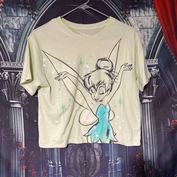 Disney Tinker Bell Cropped T-Shirt Women's M Beige Y2K Fairy Cottagecore Grunge - Picture 1 of 5
